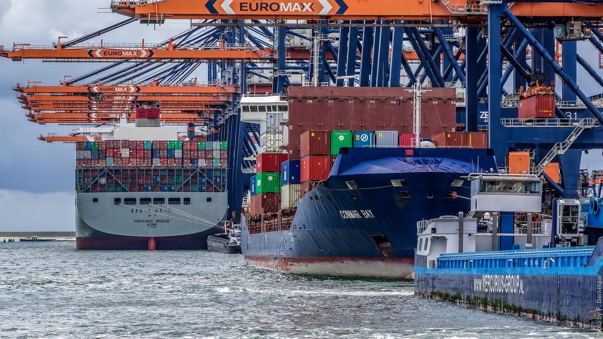 Containerschepen aan de kade van de Euromax-terminal op de Maasvlakte, onder oranje containerkranen