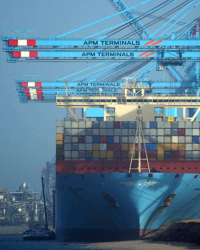 Containerschip Mary Maersk aan de kade onder blauwe containerkranen in de Prinses Amaliahaven